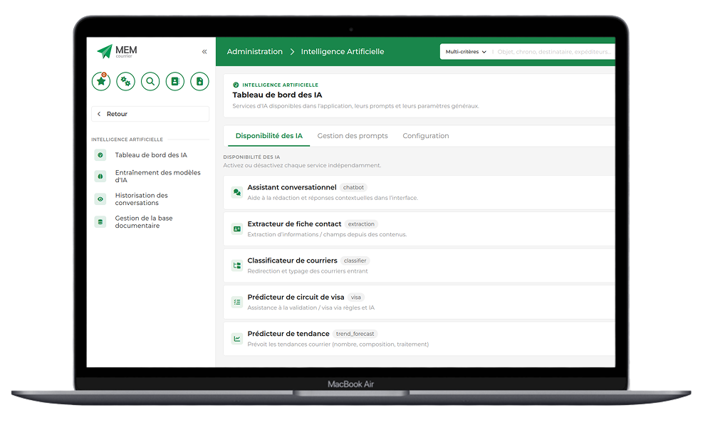 Interface AdminIA de MEM Courrier 26.10